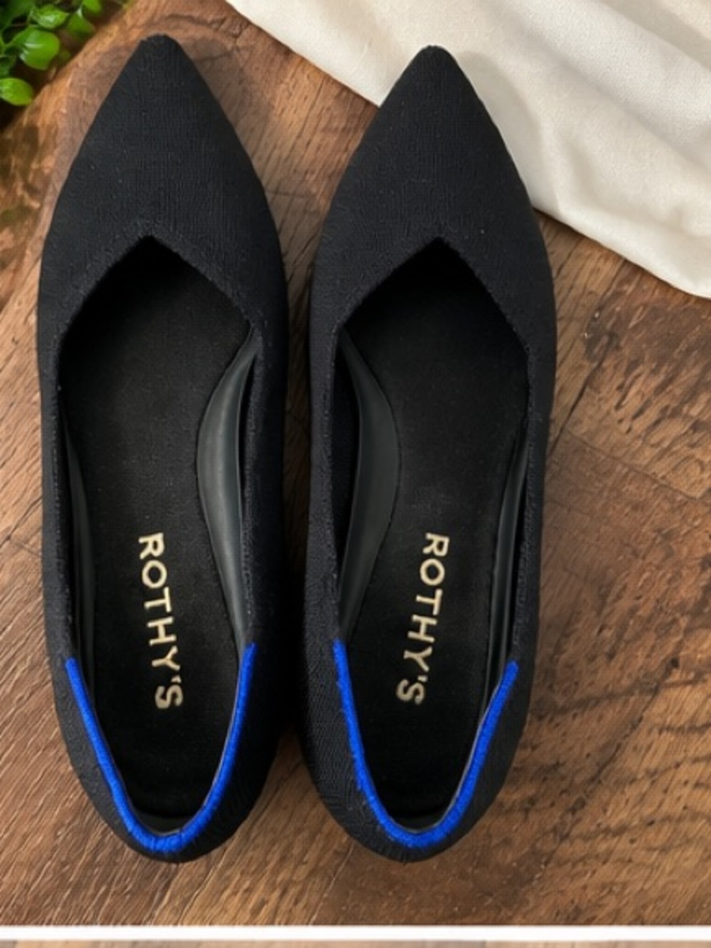 Rothy's Black Pointed Knit Flats with Blue Accent
